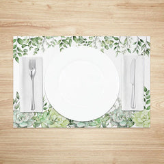 Aperturee - Aperturee Oh Spring Green Succulent and Leaf Set of 4 Placemats Botanical Garden Style Dining Table Mats