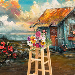 Aperturee - Aperturee Oil Painted Blue Sky Beach Shack Floral Photo Backdrop