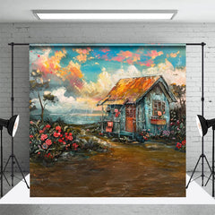 Aperturee - Aperturee Oil Painted Blue Sky Beach Shack Floral Photo Backdrop