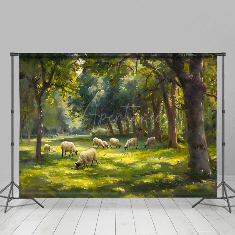 Aperturee - Aperturee Oil Painted Sheep Spring Forest Photo Booth Backdrop