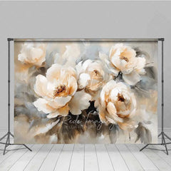 Aperturee - Aperturee Oil Painting Floral Backdrop Vintage White Peony Flower Photography Background Artistic Bloom Photo Booth Prop