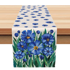 Aperturee - Aperturee Oil Painting Style Table Runner with Blue Floral and Plant Pattern for Artistic and Elegant Dining Decor