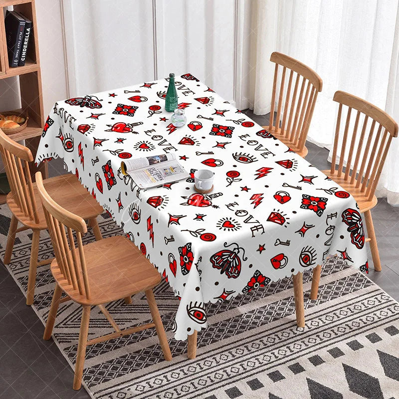 Aperturee - Aperturee Old School Tattoo Flash Rectangle Tablecloth Retro Dagger Heart Moth Edgy Valentine Kitchen Dining Decor