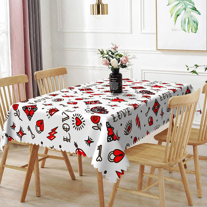 Aperturee - Aperturee Old School Tattoo Flash Rectangle Tablecloth Retro Dagger Heart Moth Edgy Valentine Kitchen Dining Decor