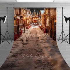 Aperturee - Aperturee Old Town Christmas Village Sweep Backdrop Snowy Street Lit Houses Night Scenery Photo Background