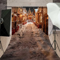 Aperturee - Aperturee Old Town Christmas Village Sweep Backdrop Snowy Street Lit Houses Night Scenery Photo Background