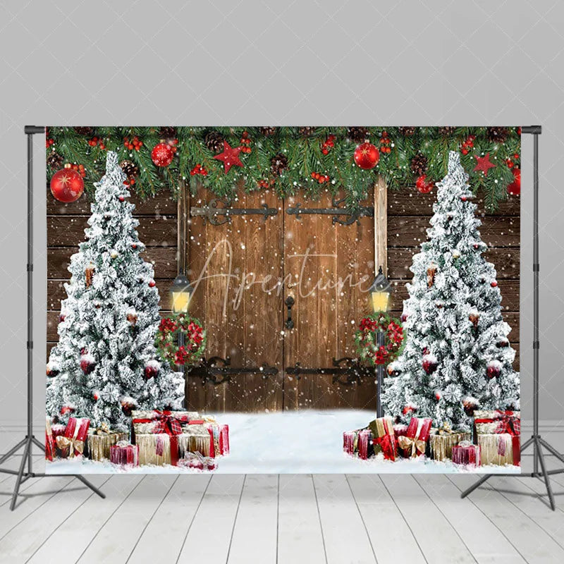 Aperturee - Aperturee Old Wooden Door Christmas Tree Festive Photo Backdrop
