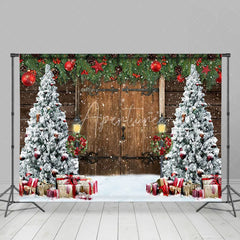 Aperturee - Aperturee Old Wooden Door Christmas Tree Festive Photo Backdrop