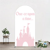 Aperturee - Aperturee Once Upon a Time Princess Arch Backdrop Pink Fairytale Castle Silhouette First Birthday or Baby Shower Party Decor