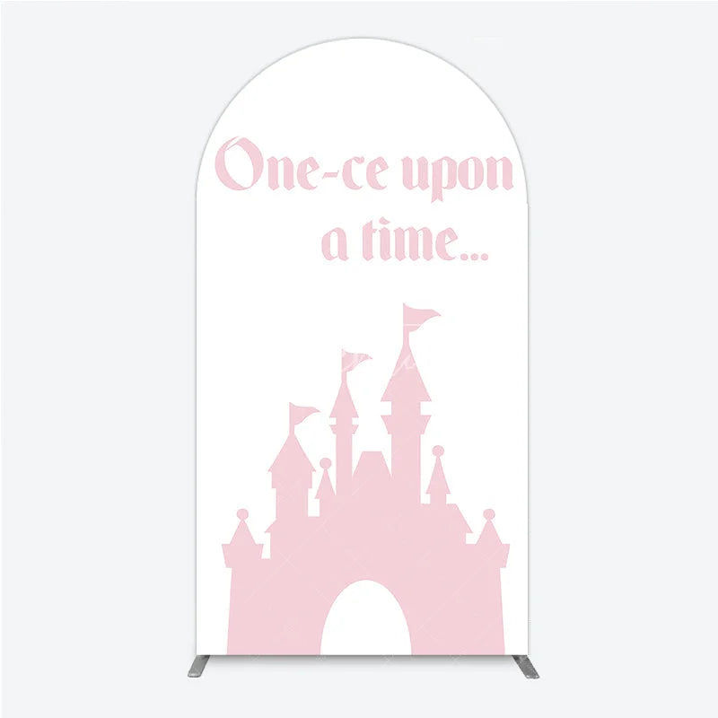 Aperturee - Aperturee Once Upon a Time Princess Arch Backdrop Pink Fairytale Castle Silhouette First Birthday or Baby Shower Party Decor