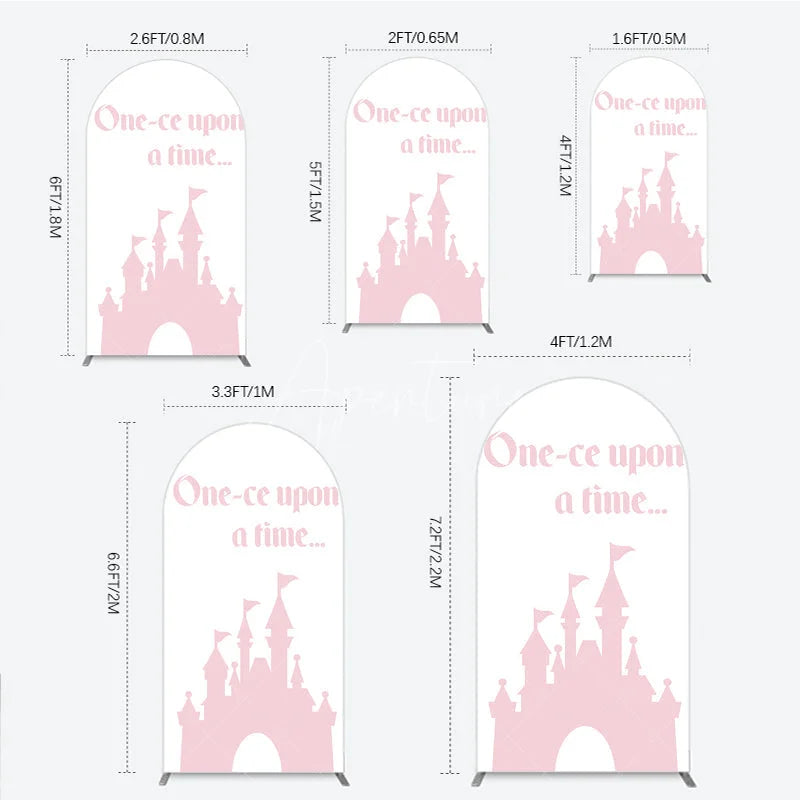 Aperturee - Aperturee Once Upon a Time Princess Arch Backdrop Pink Fairytale Castle Silhouette First Birthday or Baby Shower Party Decor