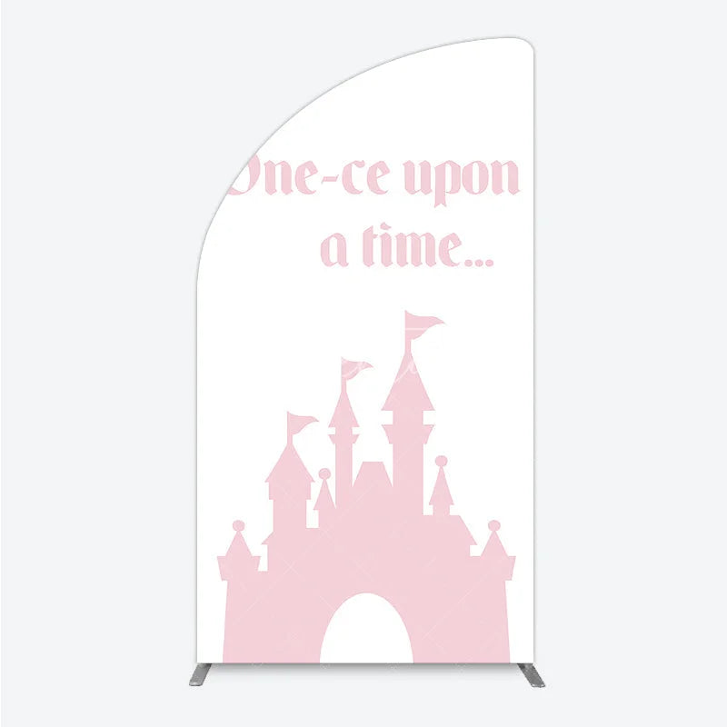 Aperturee - Aperturee Once Upon a Time Princess Half Moon Arch Backdrop Pink Fairytale Castle Silhouette First Birthday or Baby Shower