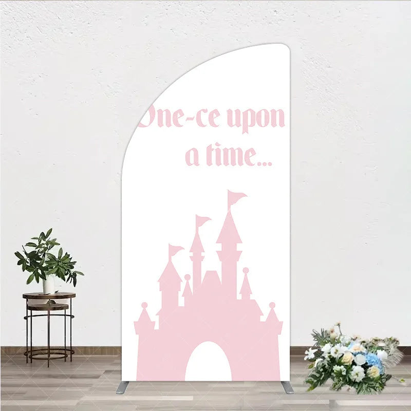 Aperturee - Aperturee Once Upon a Time Princess Half Moon Arch Backdrop Pink Fairytale Castle Silhouette First Birthday or Baby Shower