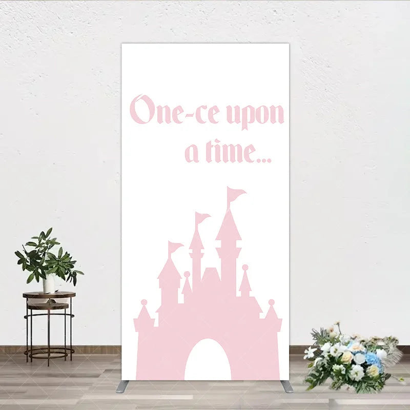 Aperturee - Aperturee Once Upon a Time Princess Rectangle Backdrop Pink Fairytale Castle Silhouette First Birthday or Baby Shower Party
