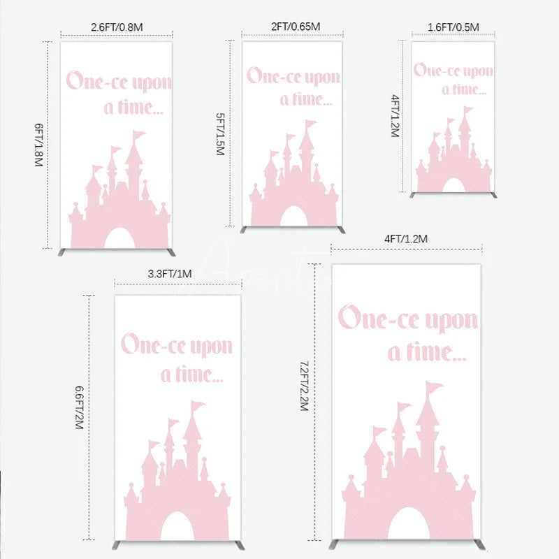 Aperturee - Aperturee Once Upon a Time Princess Rectangle Backdrop Pink Fairytale Castle Silhouette First Birthday or Baby Shower Party