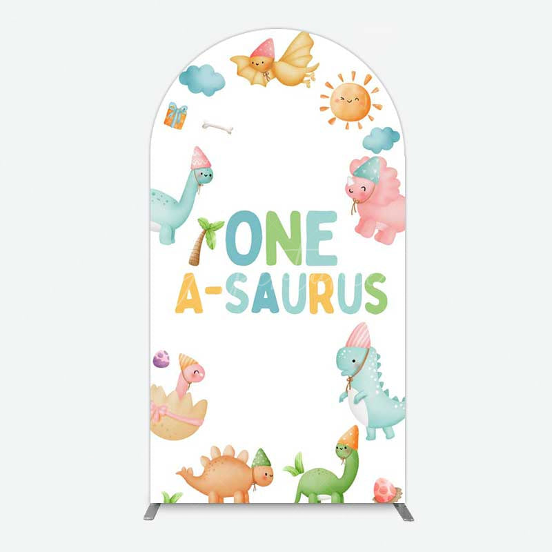Aperturee - Aperturee One A-Saurus Cartoon Dinosaur Birthday Arch Backdrop