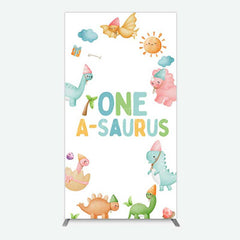 Aperturee - Aperturee One A-Saurus Cartoon Dinosaur Birthday Rectangle Backdrop