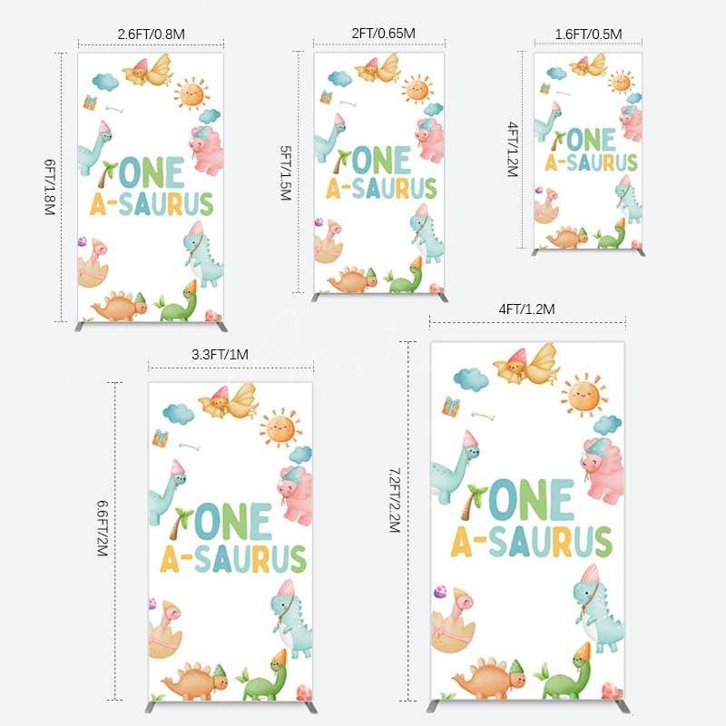 Aperturee - Aperturee One A-Saurus Cartoon Dinosaur Birthday Rectangle Backdrop