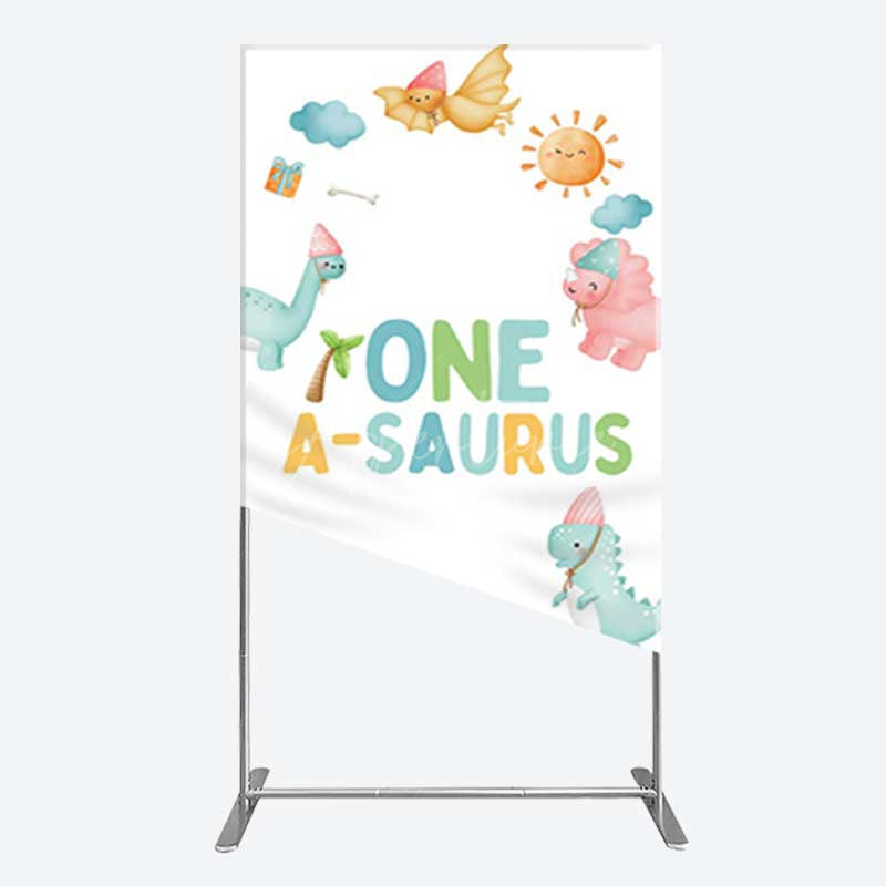 Aperturee - Aperturee One A-Saurus Cartoon Dinosaur Birthday Rectangle Backdrop