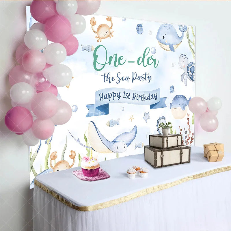 Aperturee - Aperturee One-der the Sea 1st Birthday Backdrop for Boy or Girl Cute Ocean Animals Party Under the Sea Photo Booth Decor