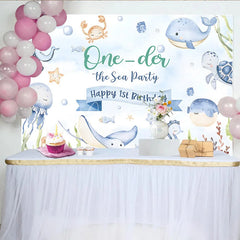 Aperturee - Aperturee One-der the Sea 1st Birthday Backdrop for Boy or Girl Cute Ocean Animals Party Under the Sea Photo Booth Decor