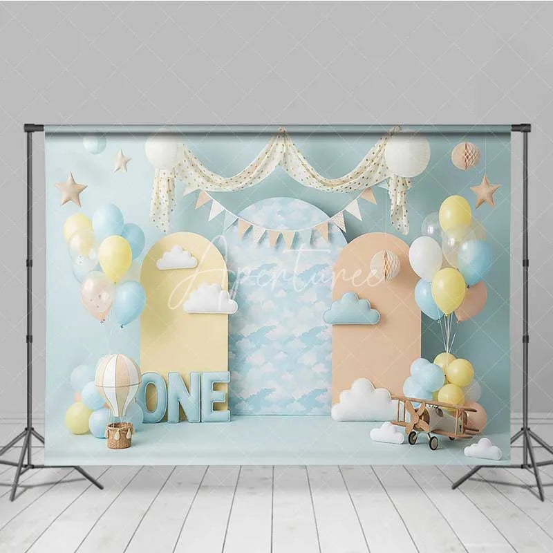 Aperturee - Aperturee One Happy Birthday Backdrop Hot Air Balloon Clouds Pilot Photography Background 1st Birthday Cake Smash Prop