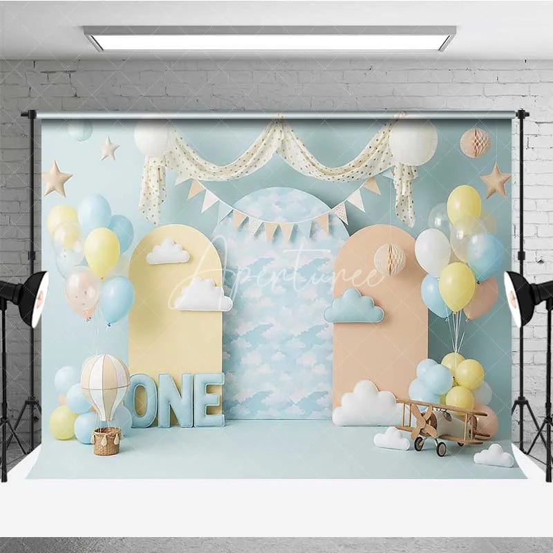 Aperturee - Aperturee One Happy Birthday Backdrop Hot Air Balloon Clouds Pilot Photography Background 1st Birthday Cake Smash Prop