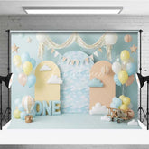 Aperturee - Aperturee One Happy Birthday Backdrop Hot Air Balloon Clouds Pilot Photography Background 1st Birthday Cake Smash Prop