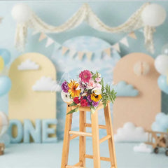 Aperturee - Aperturee One Happy Birthday Backdrop Hot Air Balloon Clouds Pilot Photography Background 1st Birthday Cake Smash Prop