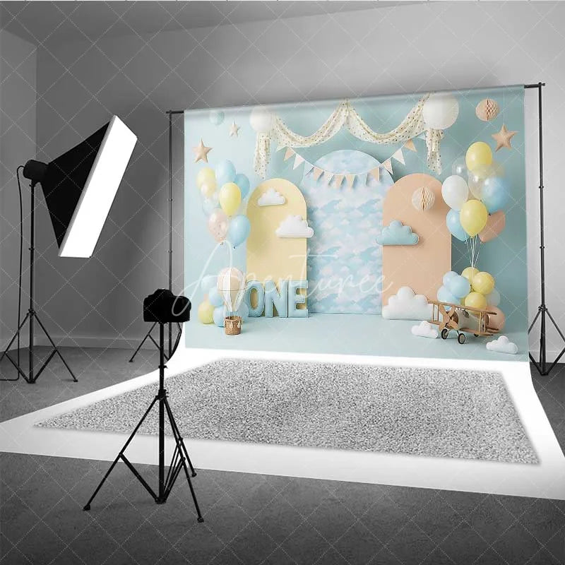 Aperturee - Aperturee One Happy Birthday Backdrop Hot Air Balloon Clouds Pilot Photography Background 1st Birthday Cake Smash Prop