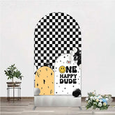 Aperturee - Aperturee One Happy Dude 1st Birthday Arch Backdrop Black and White Checkered with Smile Face Background Boys Party Decoration