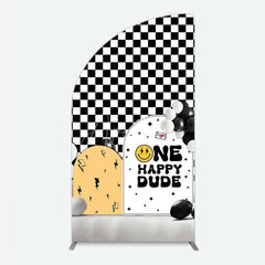 Aperturee - Aperturee One Happy Dude 1st Birthday Half Moon Arch Backdrop Black and White Checkered with Smile Face Background Boys Party