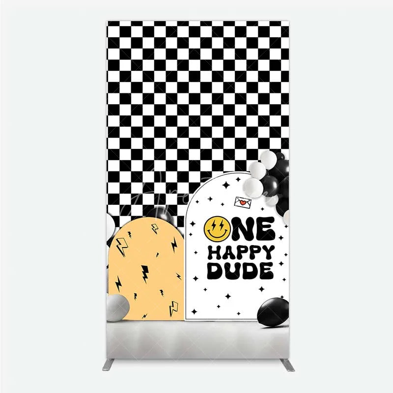 Aperturee - Aperturee One Happy Dude 1st Birthday Rectangle Backdrop Black and White Checkered with Smile Face Background Boys Party