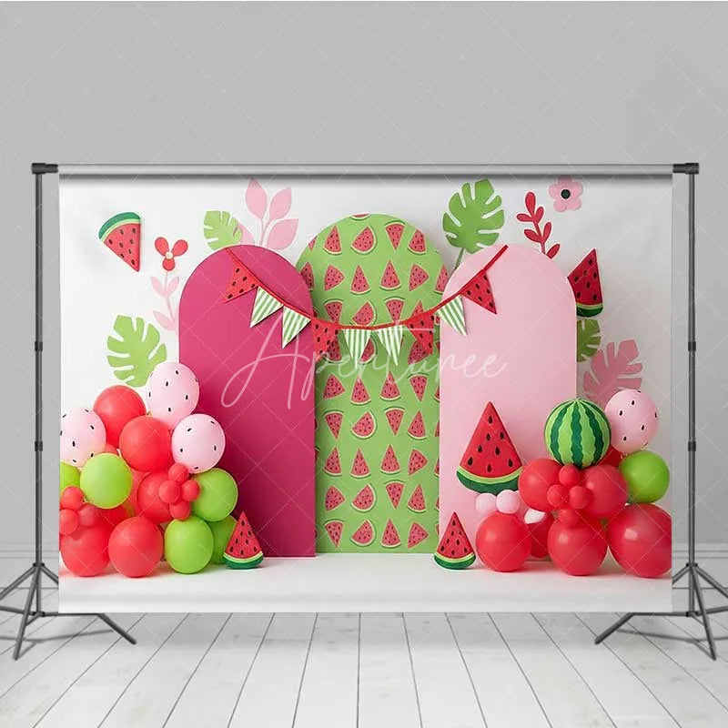Aperturee - Aperturee One in a Melon Watermelon Photography Backdrop Pink and Green Fruit Party Banner