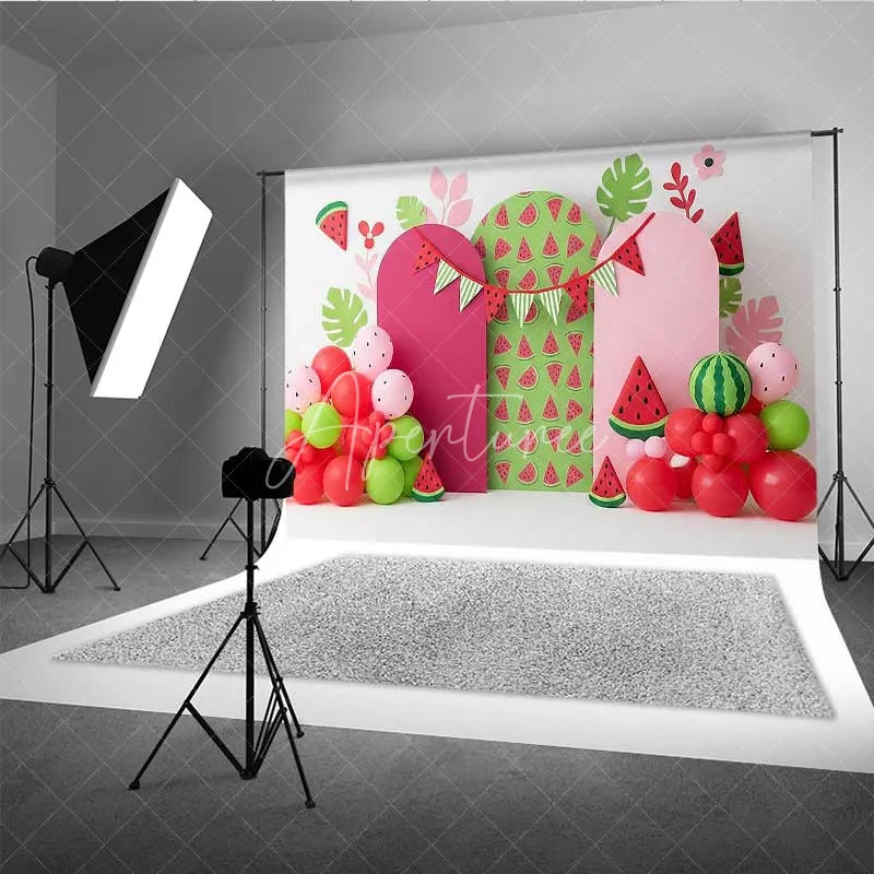 Aperturee - Aperturee One in a Melon Watermelon Photography Backdrop Pink and Green Fruit Party Banner