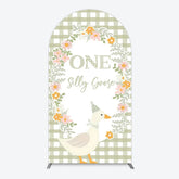 Aperturee - Aperturee One Silly Goose First Birthday Arch Backdrop Gingham with Floral Wreath Farmhouse Party Photo Booth Decor
