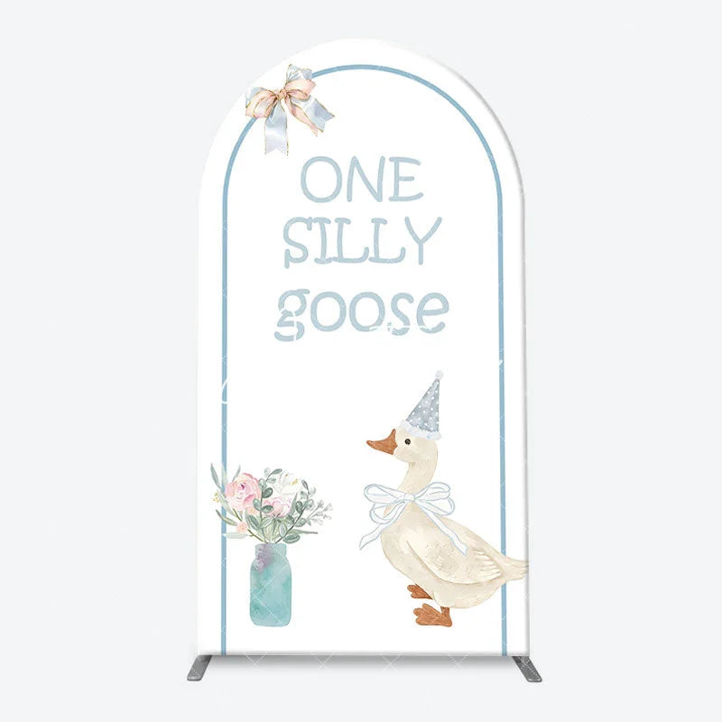 Aperturee - Aperturee One Silly Goose Light Blue Arch Backdrop Kit Stripe and Gingham Patterns for Baby Shower First Birthday Party Decor