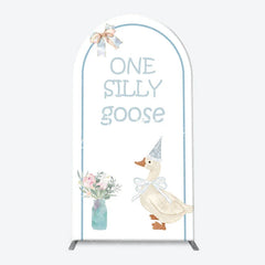 Aperturee - Aperturee One Silly Goose Light Blue Arch Backdrop Kit Stripe and Gingham Patterns for Baby Shower First Birthday Party Decor