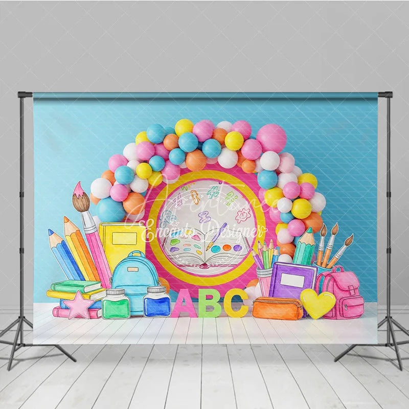 Aperturee - Aperturee Open Book Back To School Backdrop ABC Letters School Supplies Balloon Arch Background Student Photography Prop