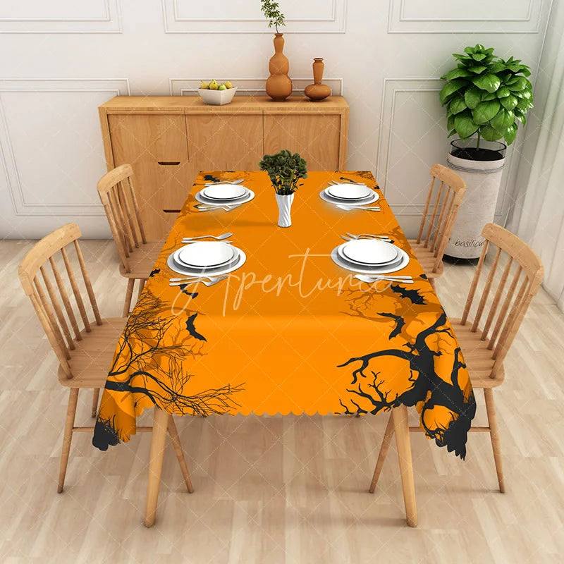 Aperturee - Aperturee Orange and Black Halloween Rectangle Tablecloth with Bats and Withered Trees for Spooky Forest Decor