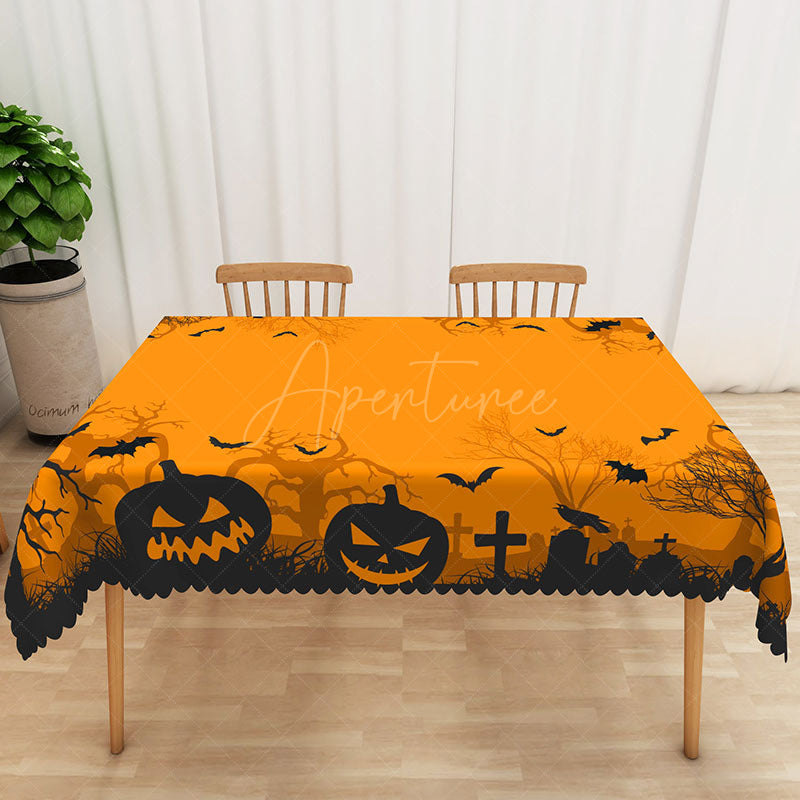 Aperturee - Aperturee Orange and Black Halloween Rectangle Tablecloth with Bats and Withered Trees for Spooky Forest Decor
