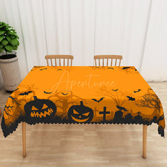 Aperturee - Aperturee Orange and Black Halloween Rectangle Tablecloth with Bats and Withered Trees for Spooky Forest Decor