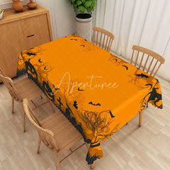 Aperturee - Aperturee Orange and Black Halloween Rectangle Tablecloth with Bats and Withered Trees for Spooky Forest Decor