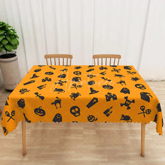 Aperturee - Aperturee Orange and Black Halloween Rectangle Tablecloth with Ghosts and Skulls for Spooky Party Decor