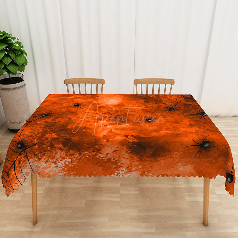 Aperturee - Aperturee Orange and Black Halloween Rectangle Tablecloth with Spiders and Webs for Spooky Party Decorations