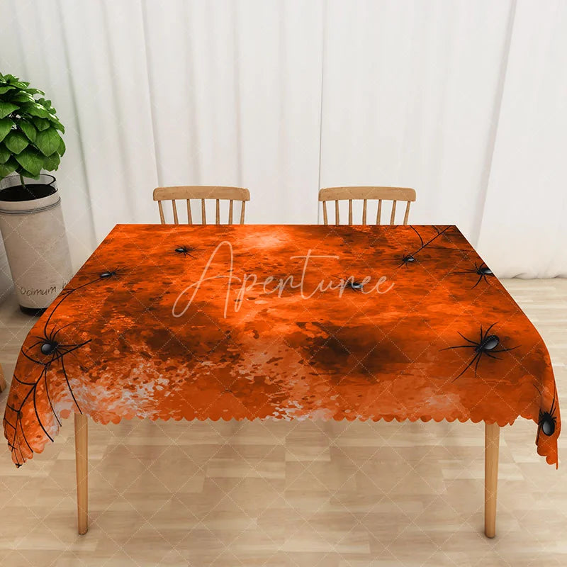 Aperturee - Aperturee Orange and Black Halloween Rectangle Tablecloth with Spiders and Webs for Spooky Party Decorations