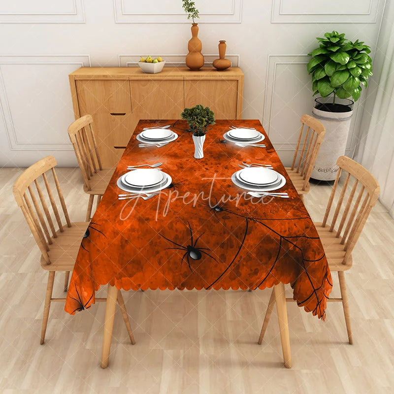 Aperturee - Aperturee Orange and Black Halloween Rectangle Tablecloth with Spiders and Webs for Spooky Party Decorations
