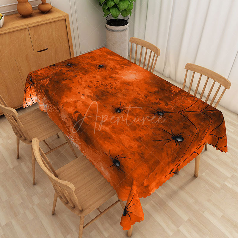 Aperturee - Aperturee Orange and Black Halloween Rectangle Tablecloth with Spiders and Webs for Spooky Party Decorations