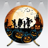 Aperturee - Aperturee Orange and Black Halloween Round Backdrop with Full Moon Bats Haunted Castle Trick or Treaters with Jack-O-Lanterns