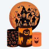 Aperturee - Aperturee Orange and Black Haunted House Halloween Round Backdrop Kit Spooky Jack-O-Lantern Pedestal Covers Party Decor